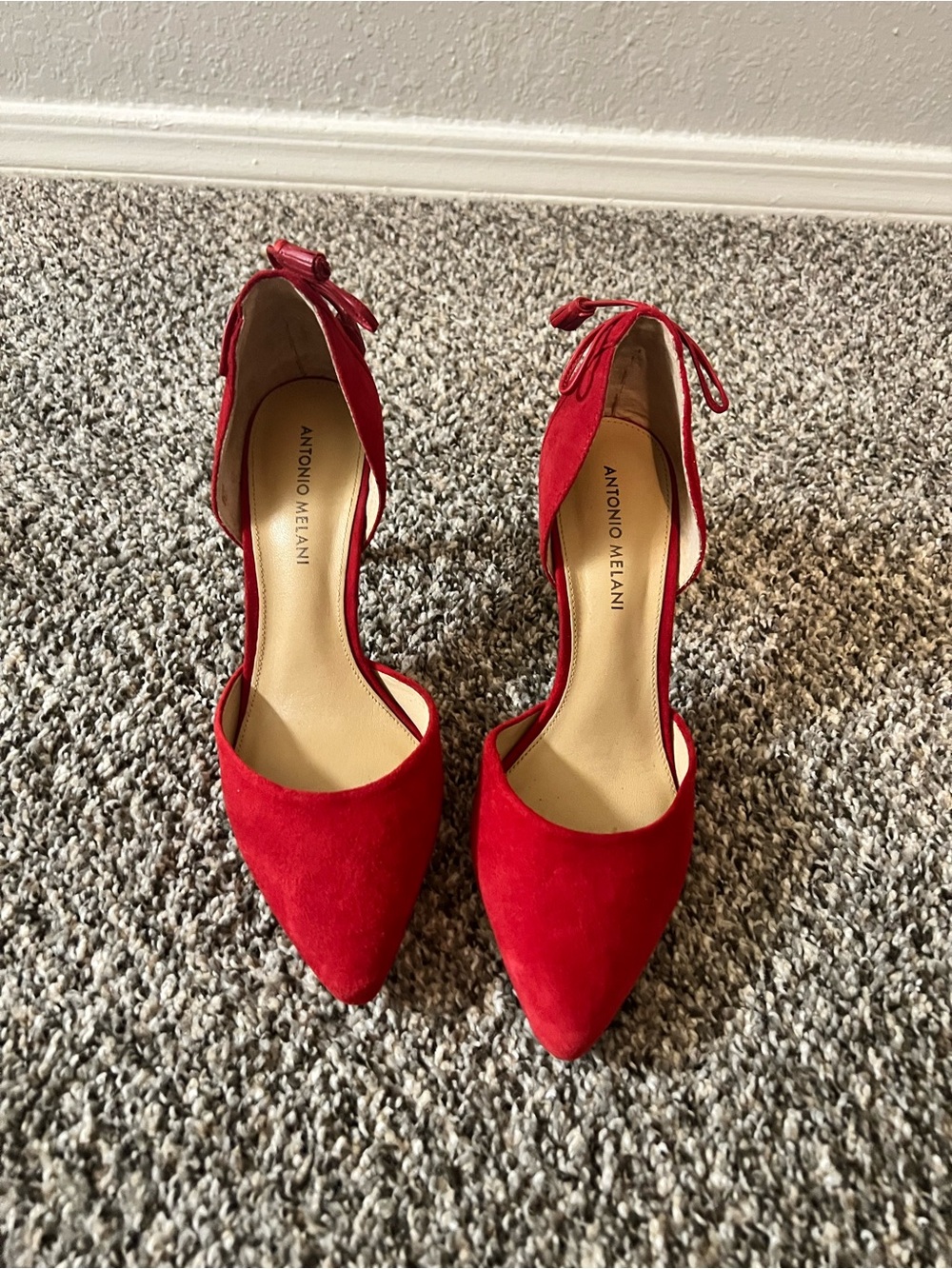 ANTONIO MELANI Red Suede Pointed-Toe Ankle Tie Pumps